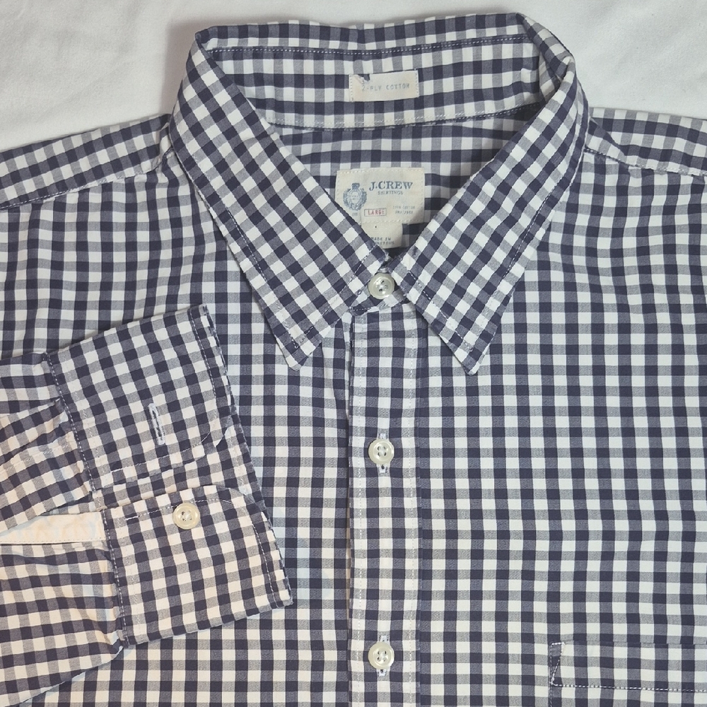 J. Crew Men's Long Sleeve Button Down Navy Blue and White Plaid Shirt